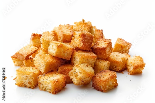 Crispy croutons on white background
