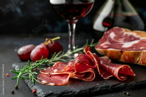 Cured ham and red wine on a dark backdrop