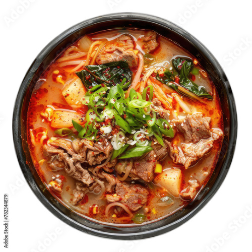 photo of asian food, original multi-ingredient soup with spicy pork, kimchi tige, isolated on transparent background.