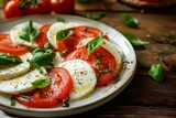 Delicious caprese salad with ripe tomatoes basil and mozzarella on rustic background