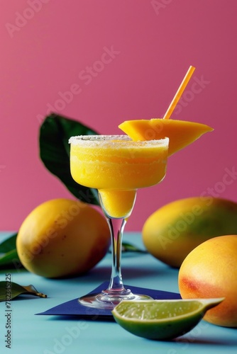 A mango margarita alcoholic cocktail in classic glass with mango fruit © Friedbert