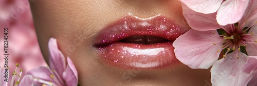 close-up of women's lips, pink lipstick, lip gloss, delicate pink flowers around, spa and cosmetology concept, skin care, bright makeup