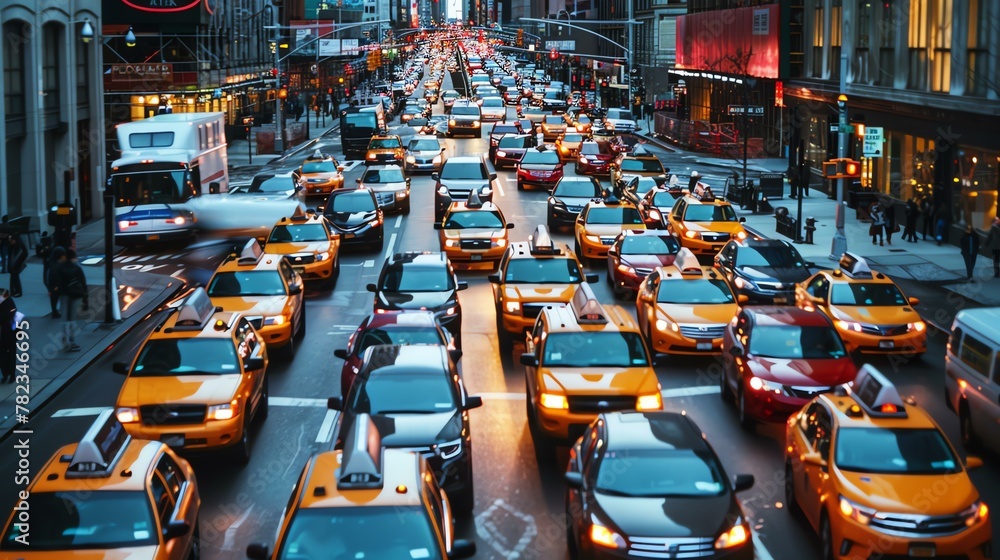 A chaotic intersection in a big city during rush hour, with a sea of yellow taxis and other vehicles, creating a sense of motion and energy.