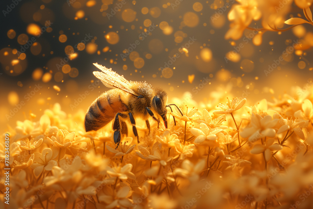 Fototapeta premium Honey bee collects pollen from flower, close up of insect, beekeeping or apiculture 