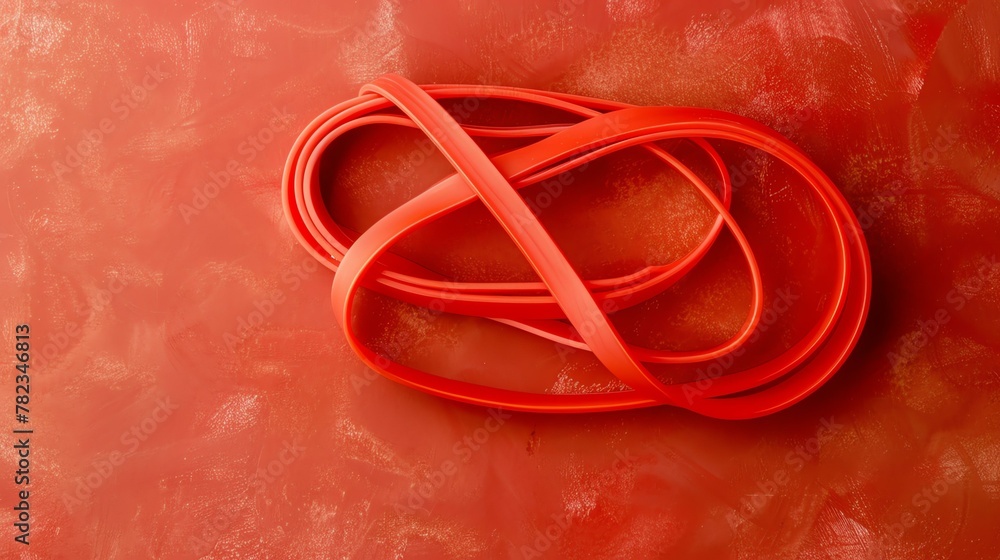 This image shows a red resistance band on a red textured background ...