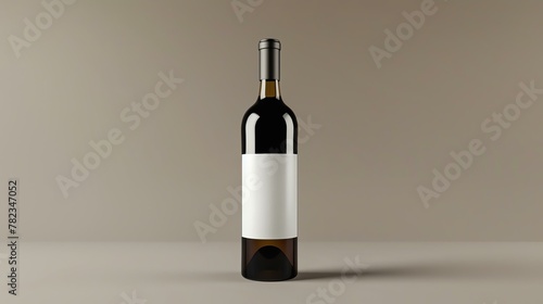 A studio shot of a single brown wine bottle with a blank label against a beige background.