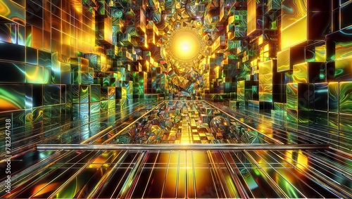 Futuristic crystalline cityscape  geometric structures  vivid colors  and dynamic lighting