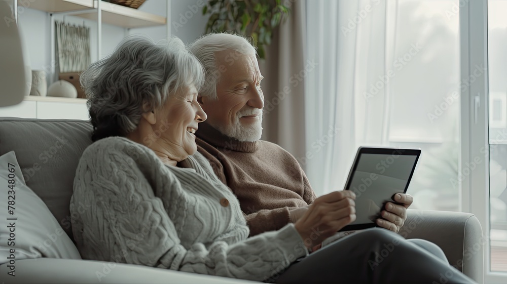a senior couple as they happily engage with a tablet computer while seated on a cozy sofa in their sunlit living room, radiating warmth and companionship. a senior couple as they happily engage with a tablet computer while seated on a cozy sofa in their sunlit living room, radiating warmth and companionship.