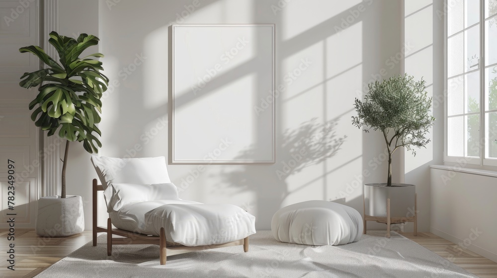 mockup poster on the living room wall. Interior mock-up. Apartment background. Modern interior design. 3D rendering mockup poster on the living room wall. Interior mock-up. Apartment background. Modern interior design. 3D rendering