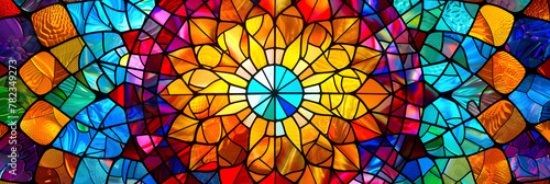 Mandala background with stained glass effect and primary colors. Kaleidoscope art lovers and artistic design. Mandala patterns with stained glass and kaleidoscope effect for dynamic backgrounds. photo