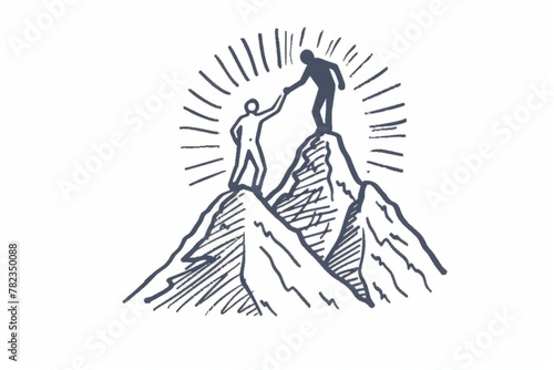 Hand drawn logo of two people helping each other reach the top, with sun rays behind them shining on the mountain peak A concept for teamwork and unity in business success Generative AI photo