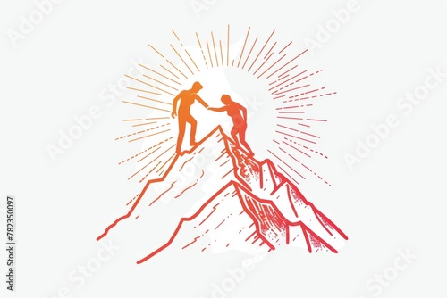 logo design, graphic drawing of two people helping each other reach the top of mountain with sun rays behind them white background, red and orange color palette Generative AI photo