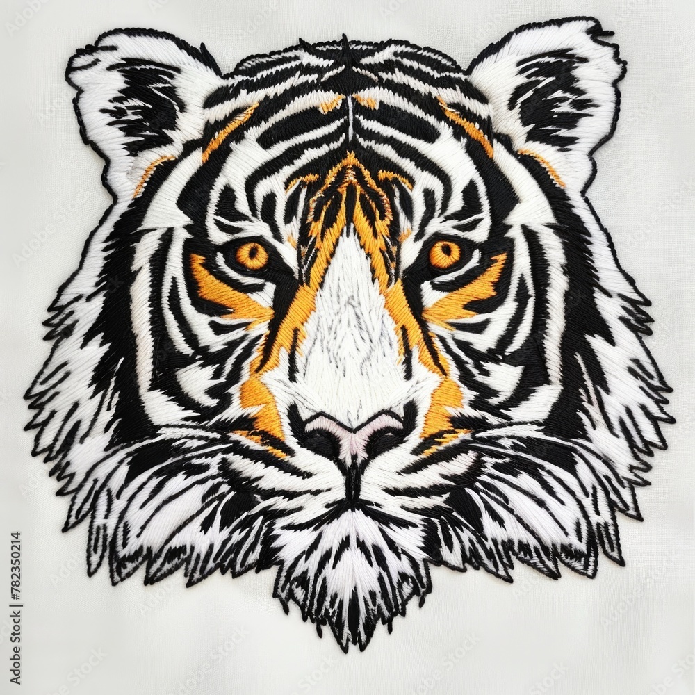 A close up of a tiger's face on a white shirt A close up of a tiger's face on a white shirt