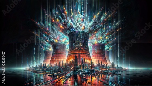 Neon Cooling Towers: Sparks Flying in Reflective Dark City photo