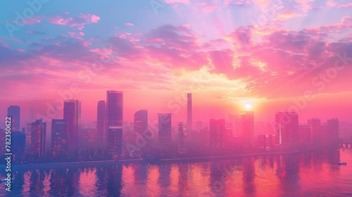 sunset on the city with vaporwave tone color, suitable for wallpaper, posters. Generative AI © wellyans