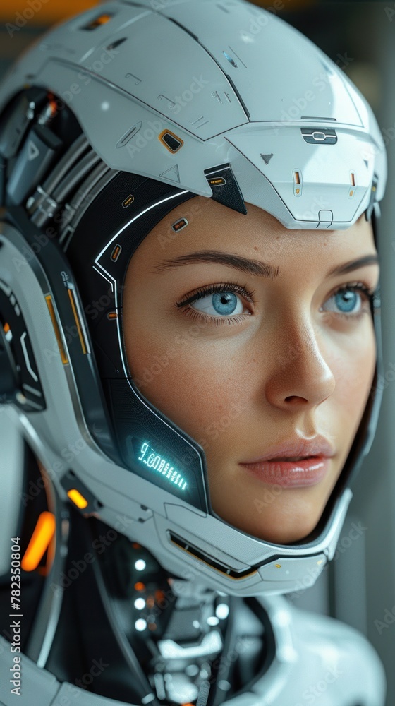 A woman in a futuristic suit with striking blue eyes