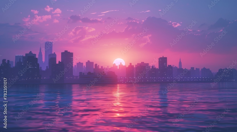 Fototapeta premium sunset on the city with vaporwave tone color, suitable for wallpaper, posters. Generative AI