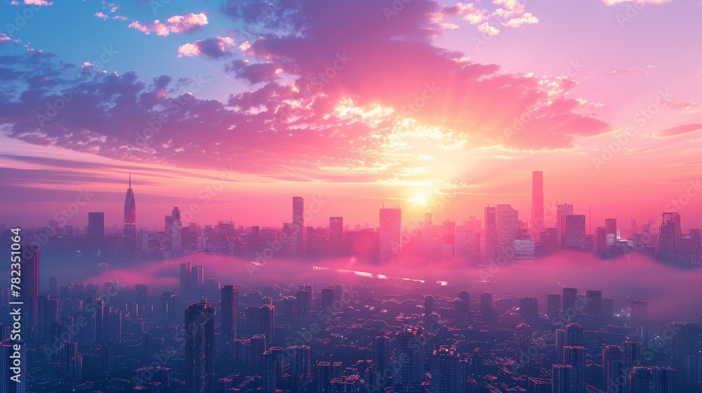 Obraz premium sunset on the city with vaporwave tone color, suitable for wallpaper, posters. Generative AI