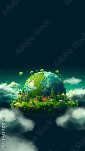 Earth globe illustration animation vertical with plants copy space banner ecological earth day hour safe clouds clear trees mountains environmental problems on blue background