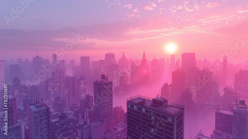 sunset on the city with vaporwave tone color  suitable for wallpaper  posters. Generative AI