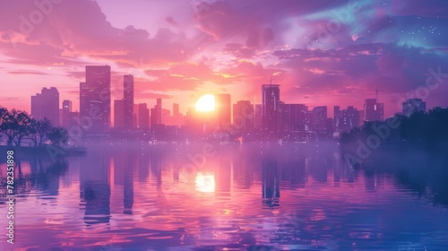 sunset on the city with vaporwave tone color  suitable for wallpaper  posters. Generative AI