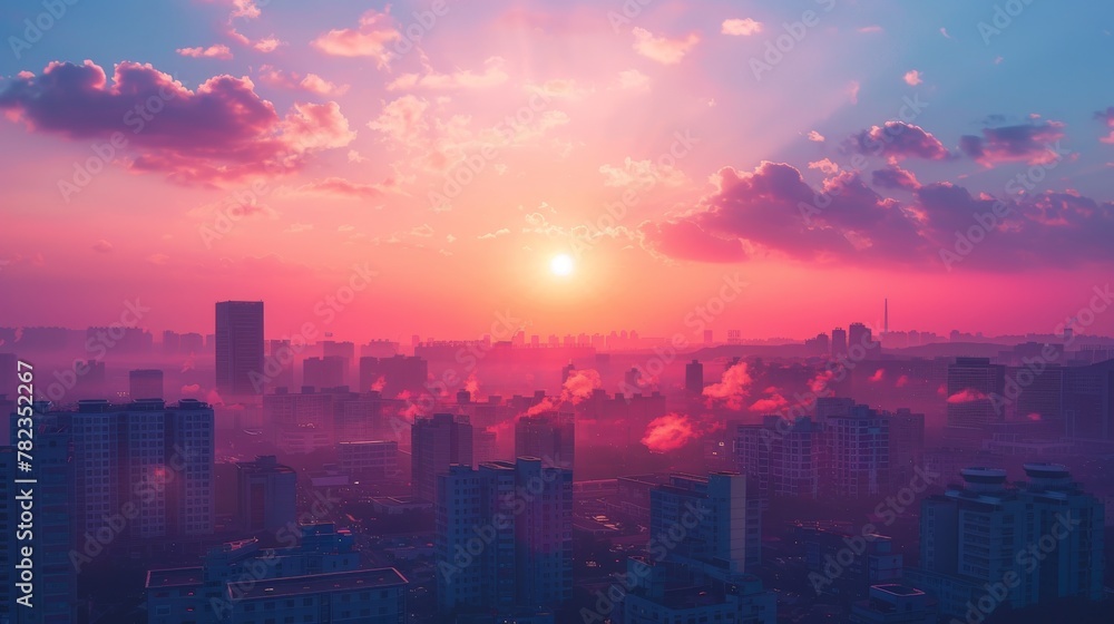 sunset on the city with vaporwave tone color, suitable for wallpaper, posters. Generative AI