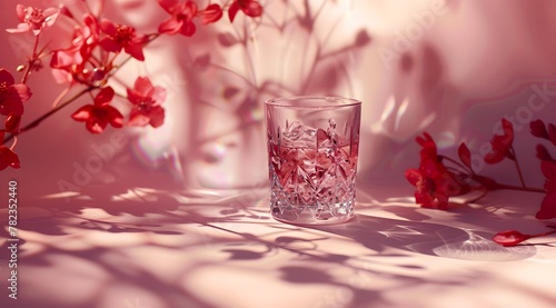 A glass of refreshing cold drink in the shade of flowers