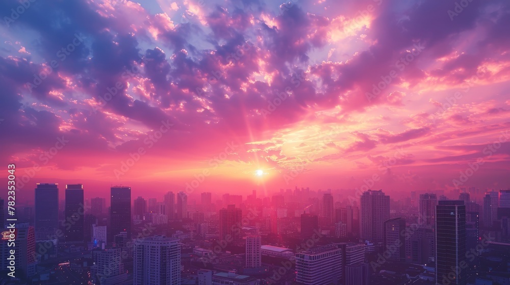 Fototapeta premium sunset on the city with vaporwave tone color, suitable for wallpaper, posters. Generative AI
