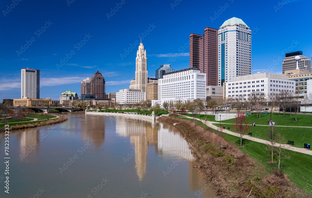 Columbus ohip waterfront view of the downtown financial district from the River Scioto after a flood over the park