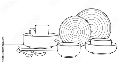 Cups plates and spoons vector outline set