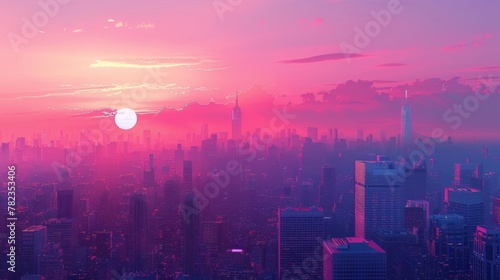 sunset on the city with vaporwave tone color, suitable for wallpaper, posters. Generative AI