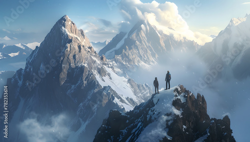 two mountaineers are climbing together on top of a mountain, teamwork, hikers hiking to top of mountains, snow, clouds, sunrise, concept of success and ambition, panorama of the mountains photo