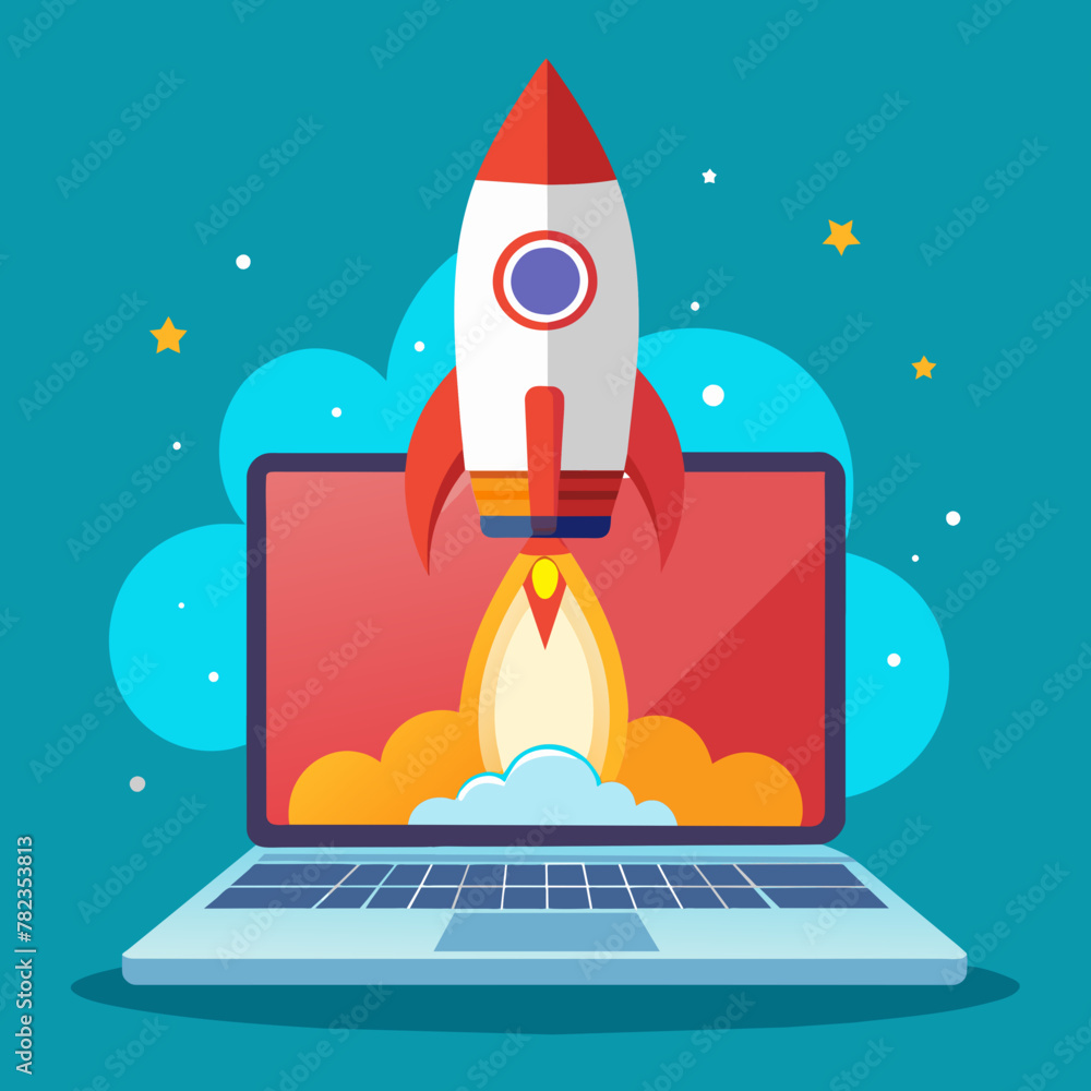 Tech Takeoff: Rocket Launch from Laptop Screen Tech Takeoff: Rocket Launch from Laptop Screen