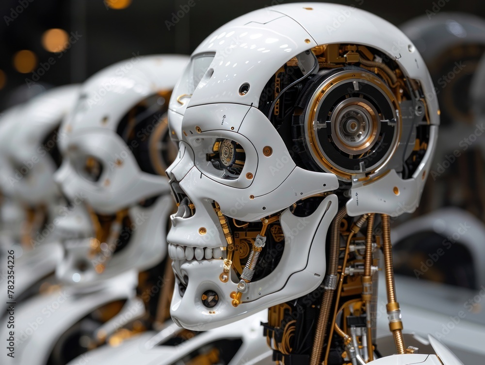 Lineup of white and gold robotic heads Lineup of white and gold robotic heads