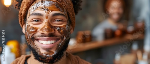 Man's Joyful Skincare Ritual with Coffee Mask. Concept Caffeine Benefits, Skin Hydration, Self-Care Routine, Relaxing Treatments