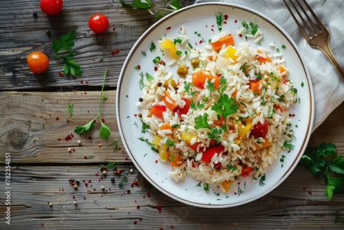 Delicious veggie rice on white plate wood background Focus on top