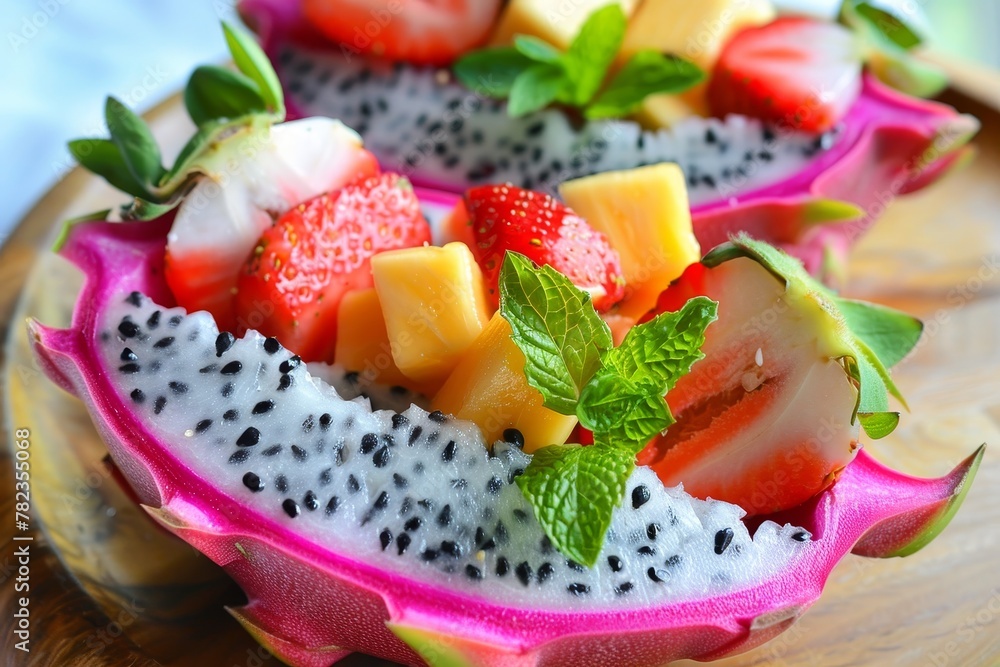 Dragon fruit half filled with exotic fruit salad Dragon fruit half filled with exotic fruit salad