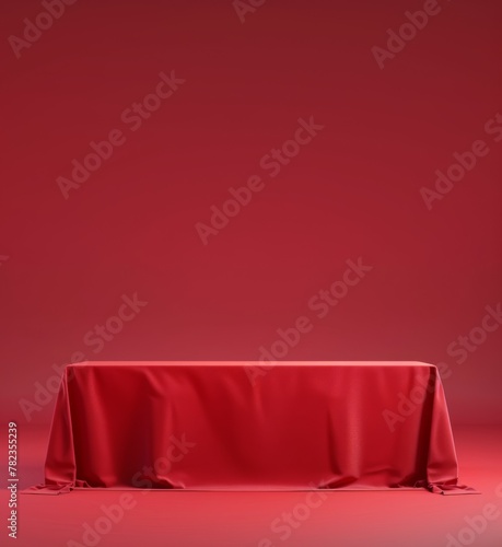 Mockup of an empty table with a vibrant red tablecloth, ideal for trade shows and presentations