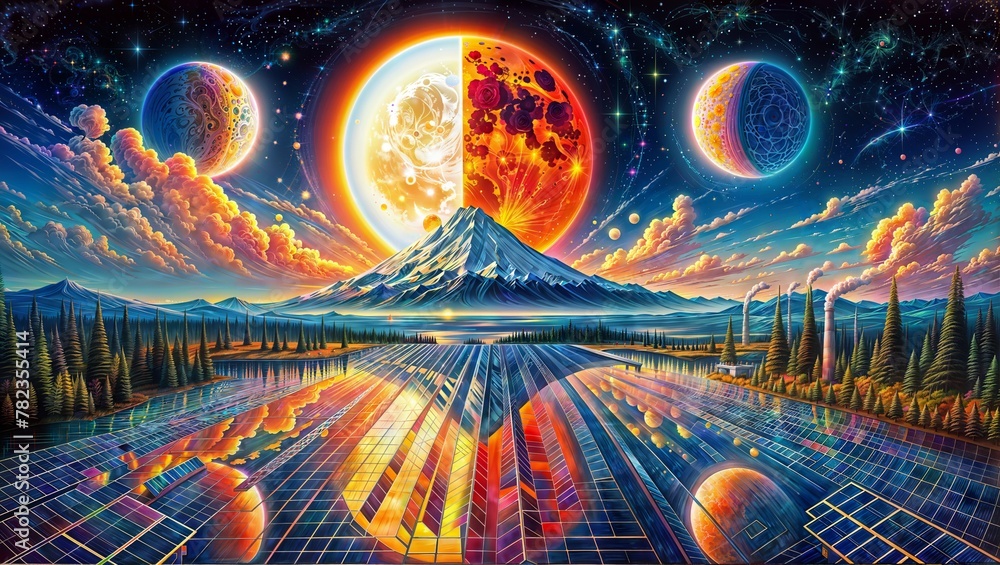 Fototapeta premium Volcanic Peak and Celestial Bodies: Surreal Digital Dreamscape