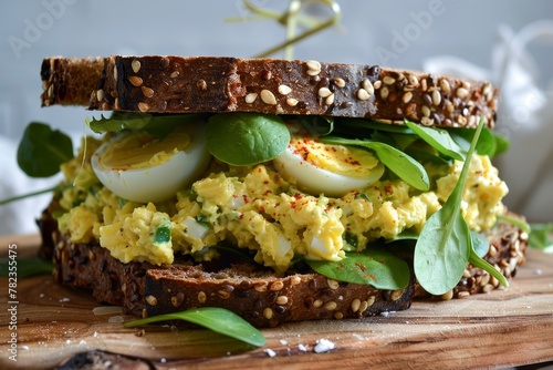 Egg salad sandwich on dark rye with curry photo