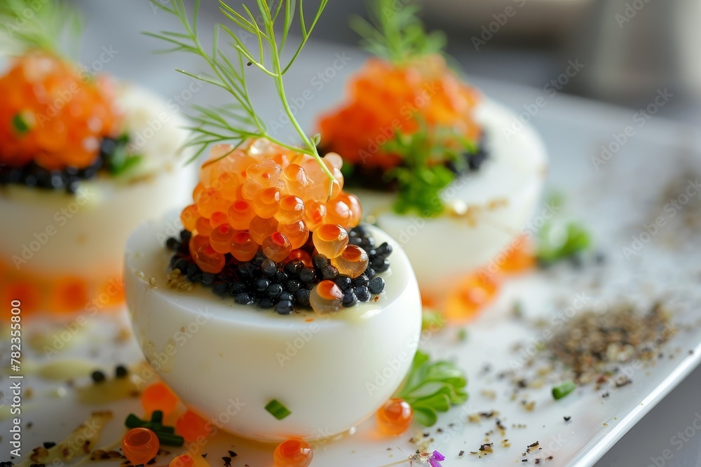 Eggs filled with black and red caviar Eggs filled with black and red caviar