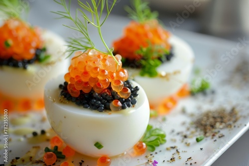 Eggs filled with black and red caviar