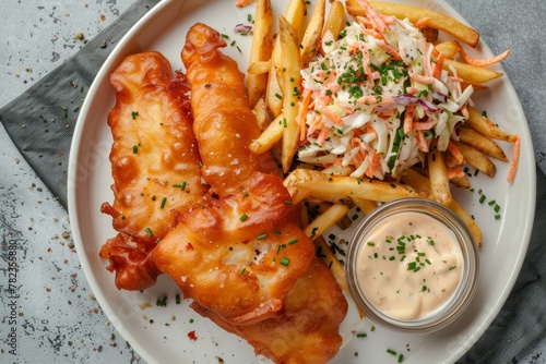 English fish and chips with tarter sauce and coleslaw photo