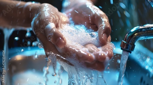 Dynamic splash of water on soapy hands photo