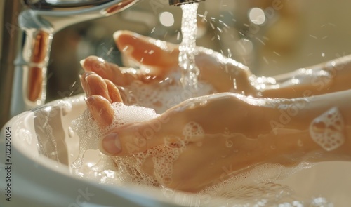 Hands being cleansed under sparkling water flow