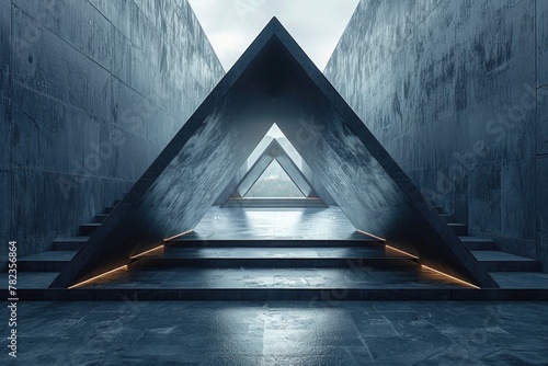 A triangle-shaped corridor with water features and subtle illumination leads to a distant vanishing point, symbolizing a journey