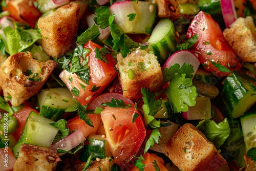 Fattoush salad from Arabic cuisine with traditional ingredients Authentic and healthy Middle Eastern dish Top view