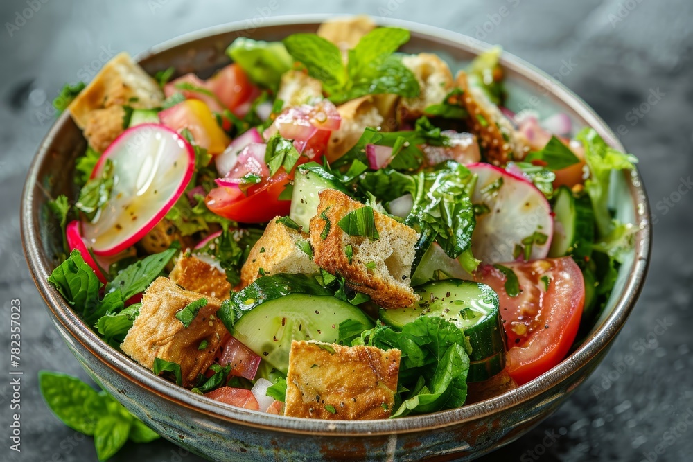 Fattoush salad with Middle Eastern ingredients lettuce herbs veggies toasted pita Close up Fattoush salad with Middle Eastern ingredients lettuce herbs veggies toasted pita Close up