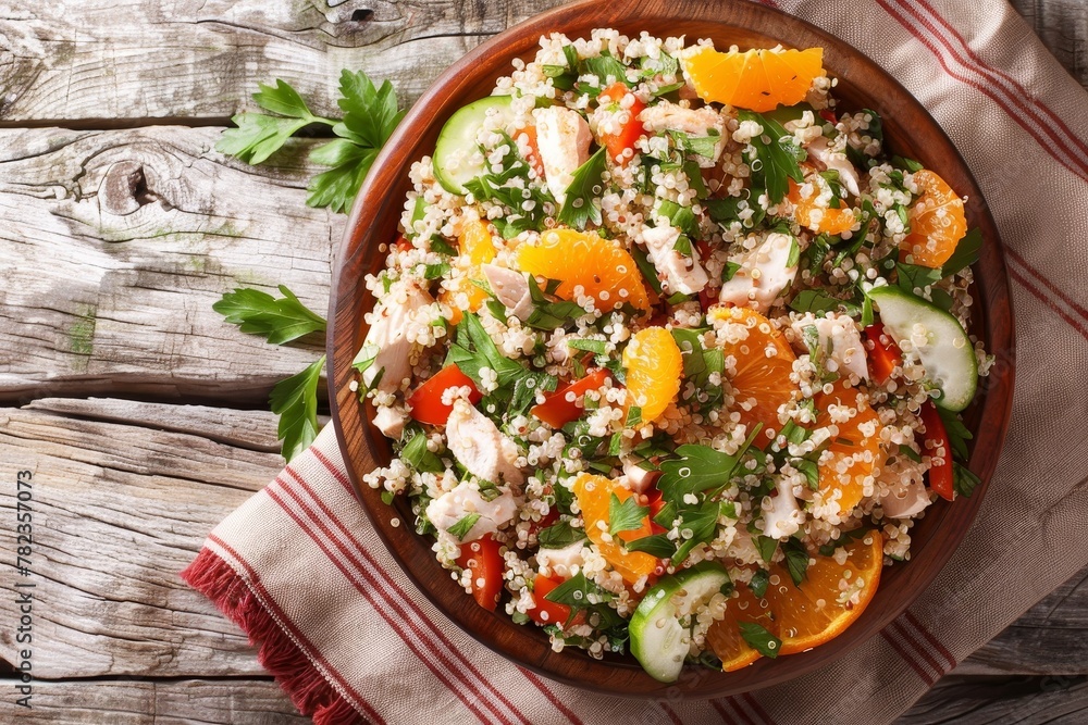 Quinoa orange chicken salad viewed from above Quinoa orange chicken salad viewed from above