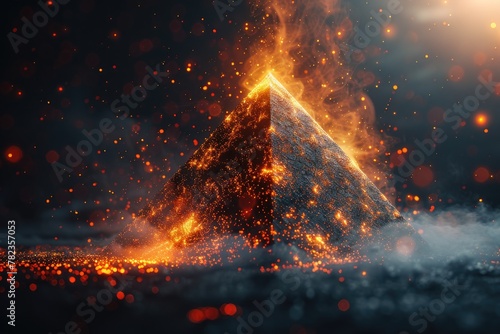 A mesmerizing image of a triangulate form emerging ablaze amidst a shower of fiery particles